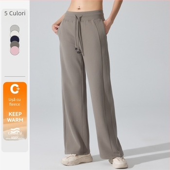 Pantaloni sport căptușiți calzi pentru femei, cu șnur la talie – croială lejeră, lungi, cu tăietură dreaptă, pentru alergat și fitness, iarnă-primăvară-toamnă