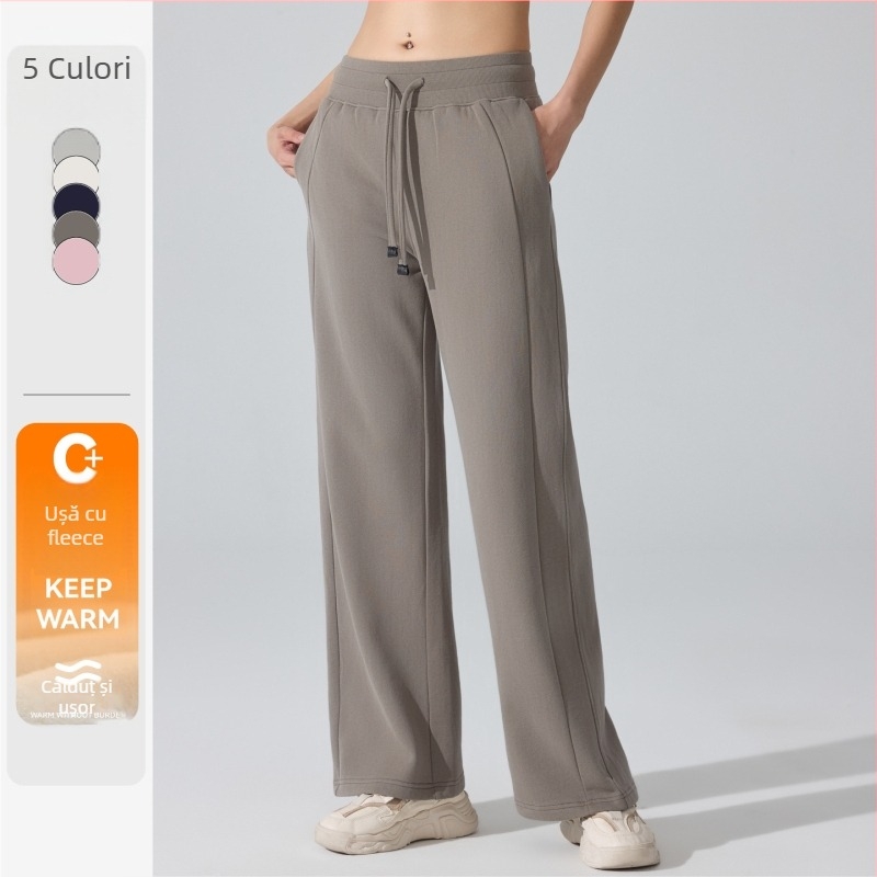 Pantaloni sport căptușiți calzi pentru femei, cu șnur la talie – croială lejeră, lungi, cu tăietură dreaptă, pentru alergat și fitness, iarnă-primăvară-toamnă