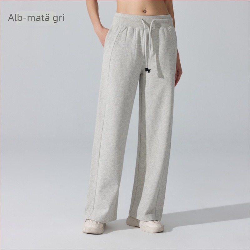 Pantaloni sport căptușiți calzi pentru femei, cu șnur la talie – croială lejeră, lungi, cu tăietură dreaptă, pentru alergat și fitness, iarnă-primăvară-toamnă