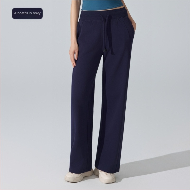 Pantaloni sport căptușiți calzi pentru femei, cu șnur la talie – croială lejeră, lungi, cu tăietură dreaptă, pentru alergat și fitness, iarnă-primăvară-toamnă