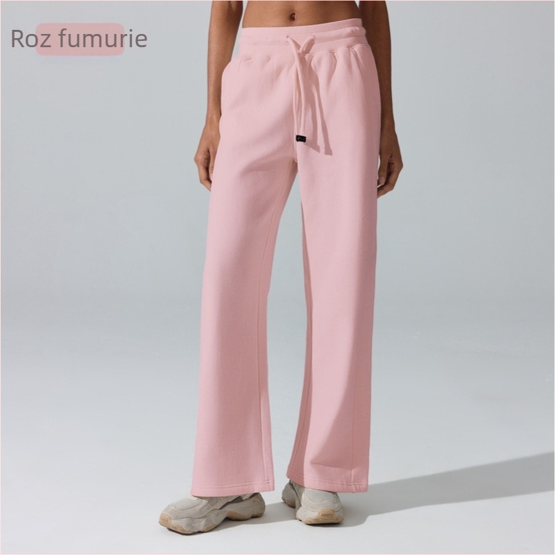 Pantaloni sport căptușiți calzi pentru femei, cu șnur la talie – croială lejeră, lungi, cu tăietură dreaptă, pentru alergat și fitness, iarnă-primăvară-toamnă