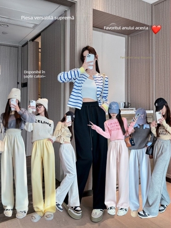 Pantaloni evazați din bumbac, talie medie, stil casual de relaxare, amestec bumbac-elastan, grosime medie