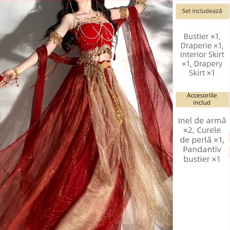 Costum de dans etnic cu elemente Dunhuang Apsara, țesătură din mătase metalică, imprimare, conținutul țesăturii principale 95%+, conținutul țesăturii secundare 95%+