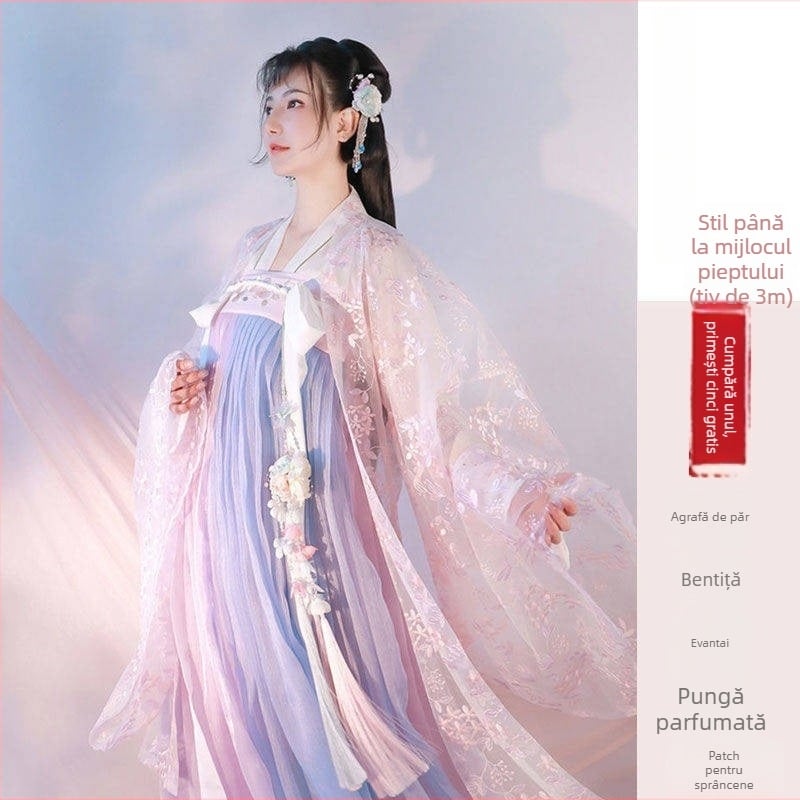 Hanfu feminin în stil chinezesc, set ruqun — costum antic, top până la piept și fustă la talie, stil studențesc
