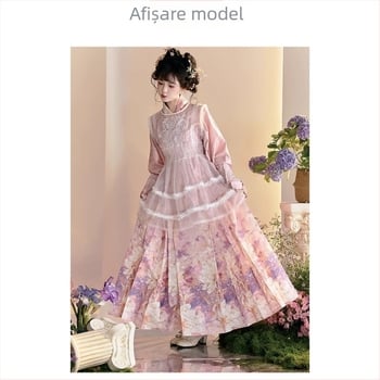 Set Hanfu cu fustă cu dantelă în straturi, stil eclectic sino-vestic, poliester, 90–95% poliester, imprimeu, lansare 2025