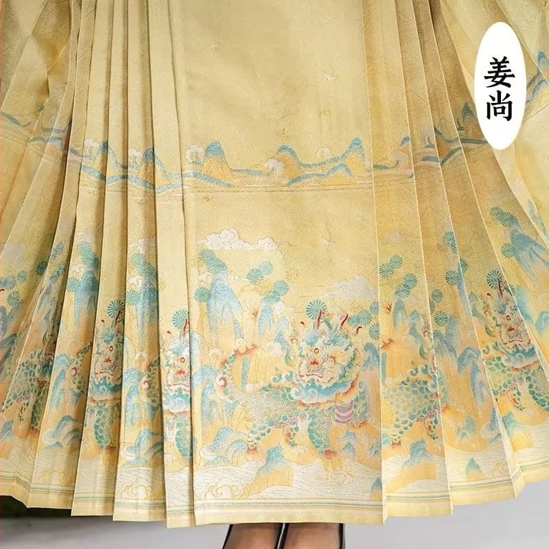 Hanfu în stil național: fustă-panel cu motiv floral Horse-Face în țesătură aurie, stil nou chinezesc, fustă dintr-un singur articol pentru purtare zilnică