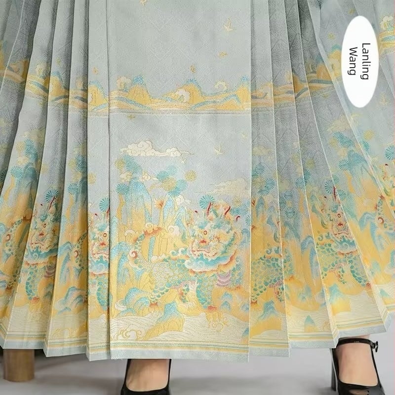 Hanfu în stil național: fustă-panel cu motiv floral Horse-Face în țesătură aurie, stil nou chinezesc, fustă dintr-un singur articol pentru purtare zilnică