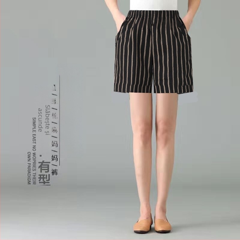 Șorturi pentru femei din bumbac și in, talie înaltă, țesătură subțire, stil retro.