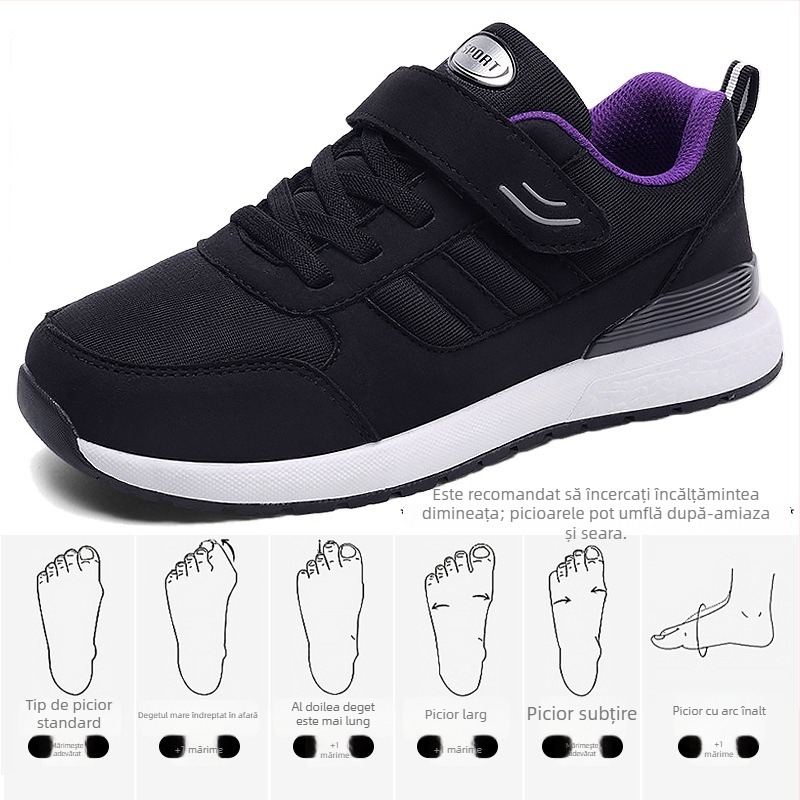 Adidași casual cu Velcro pentru femei, partea superioară din textil, vârf rotund, toc plat