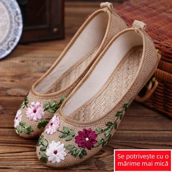Pantofi tricotati manual pentru femei | Model etnic cu imprimeu floral | Parte superioară din cânepă, talpă din TPR, înălțime medie a gleznei | Vară
