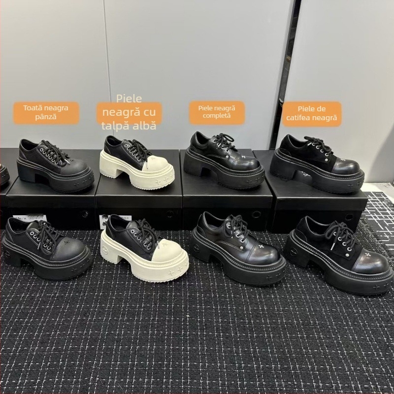Pantofi Derby platformă pentru femei, piele naturală, șireturi, vârf rotund, talpă groasă, toc 6–8 cm
