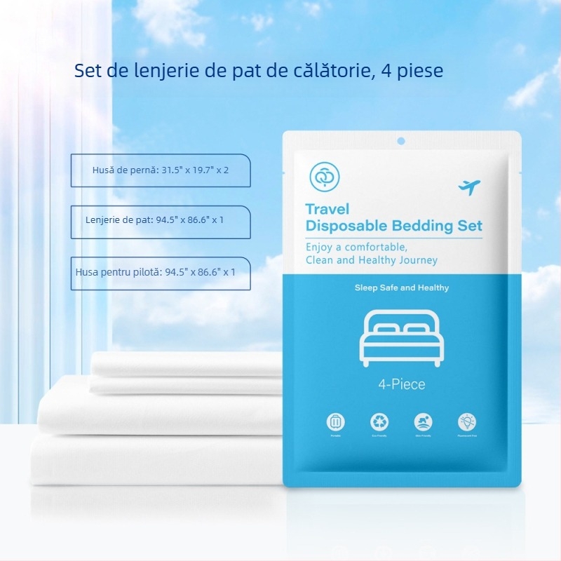 Set de pat de unică folosință pentru hotel, din material nețesut, patru piese