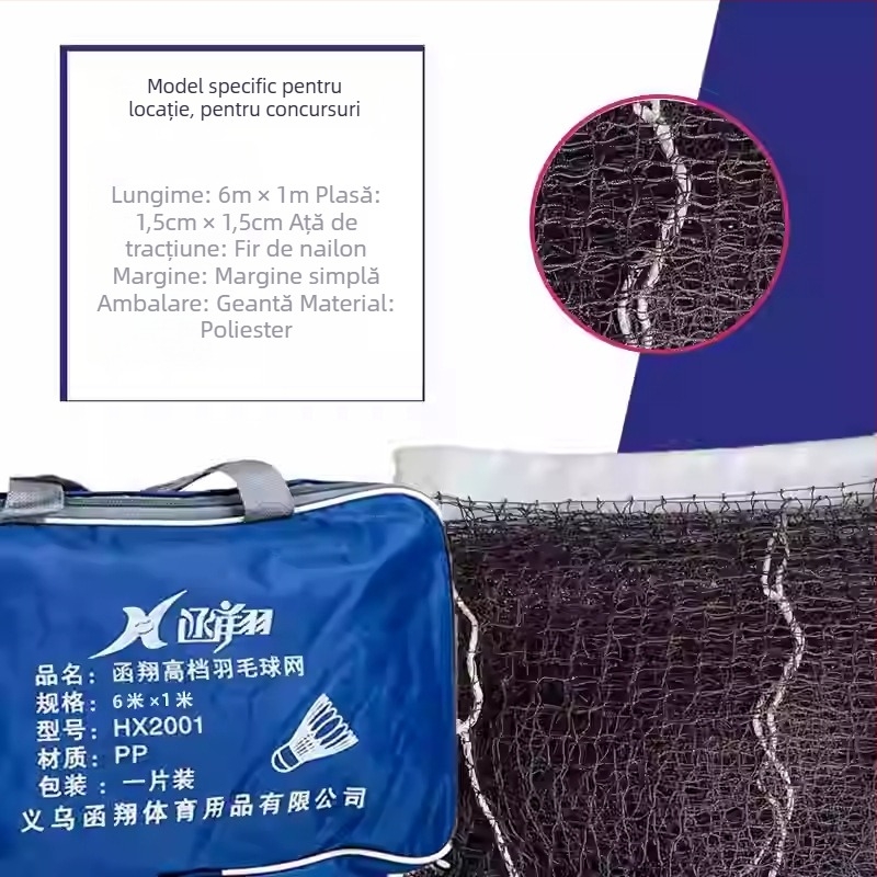 Plasă de badminton cu borduri pe patru laturi, cadru standard pentru pene și șnur din oțel acoperit pentru strângere — pentru competiții și antrenamente