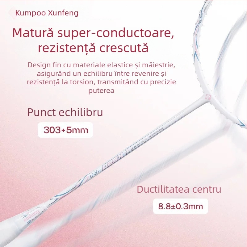 Rachetă de badminton Kumpoo Xunfeng K520Pro, cadru din fibră de carbon, șnur din nylon, greutate 80–84 g, mâner G5, pentru joc unic