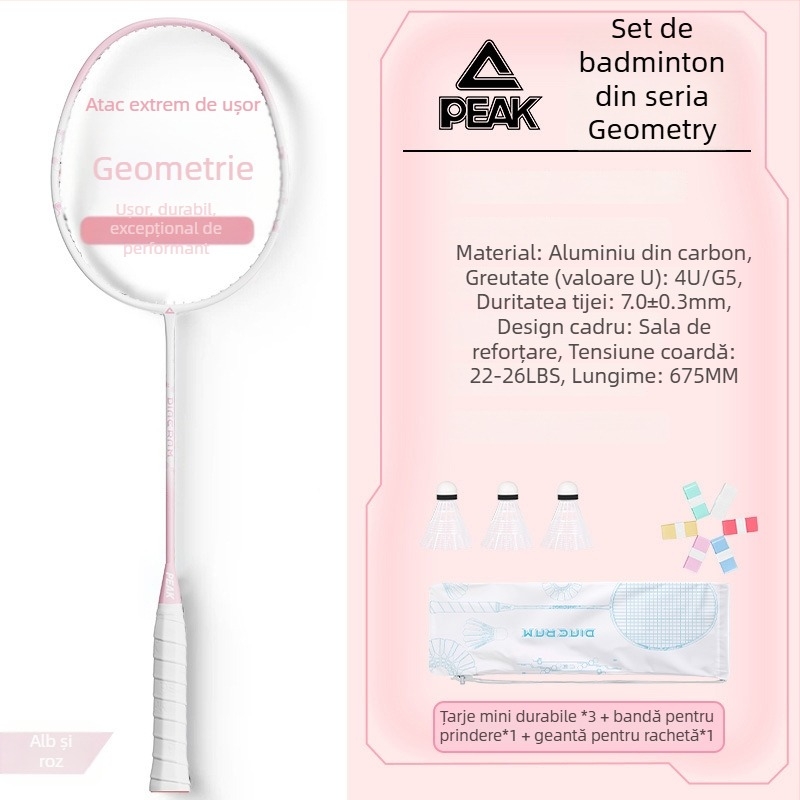 Raquetă de badminton cu cadru din fibră de carbon, șnur nylon, 80-84 g, lovire directă