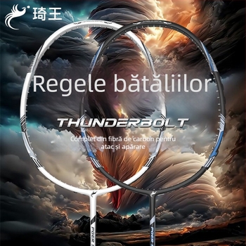 Rachetă de badminton cu ramă din carbon complet, lamă ofensivă echilibrată, greutate 80–84 g, grosime mâner G5, rigiditate tijă moderată