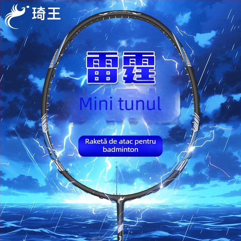 Rachetă de badminton cu ramă din carbon complet, lamă ofensivă echilibrată, greutate 80–84 g, grosime mâner G5, rigiditate tijă moderată