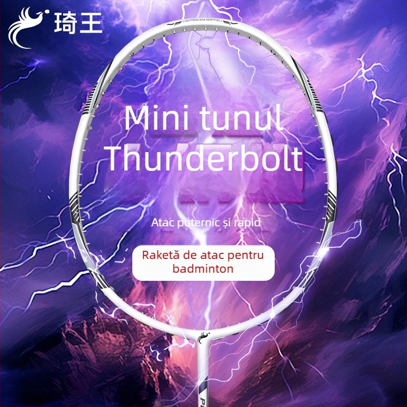 Rachetă de badminton cu ramă din carbon complet, lamă ofensivă echilibrată, greutate 80–84 g, grosime mâner G5, rigiditate tijă moderată