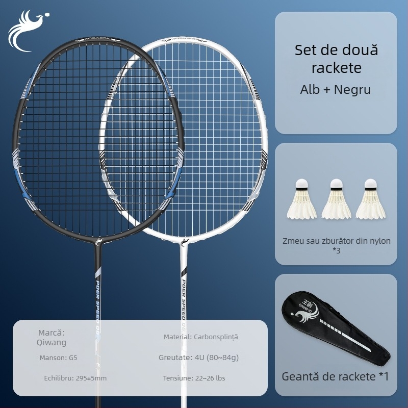 Rachetă de badminton cu ramă din carbon complet, lamă ofensivă echilibrată, greutate 80–84 g, grosime mâner G5, rigiditate tijă moderată