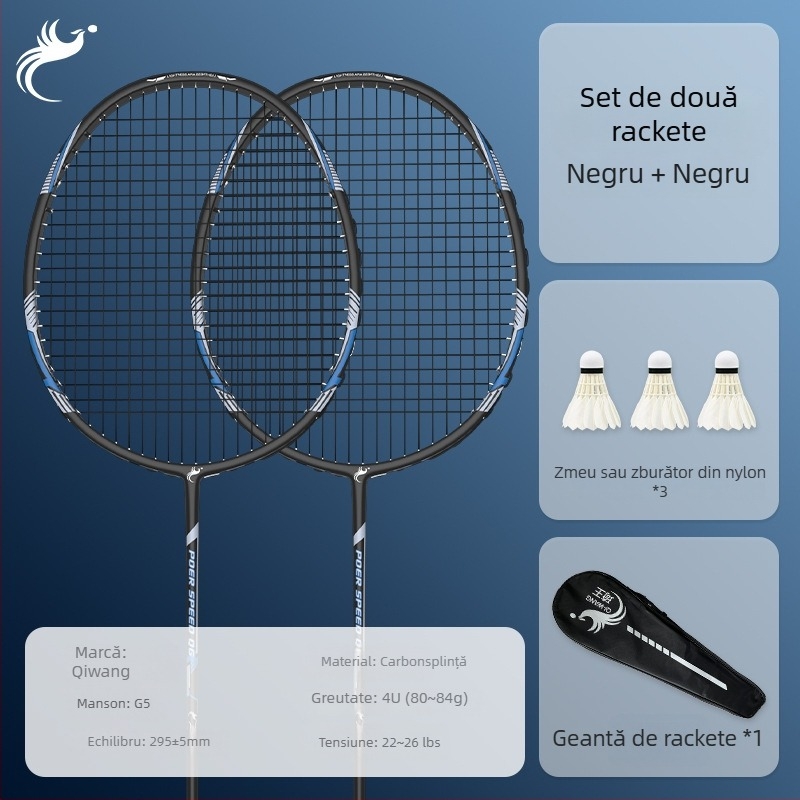 Rachetă de badminton cu ramă din carbon complet, lamă ofensivă echilibrată, greutate 80–84 g, grosime mâner G5, rigiditate tijă moderată