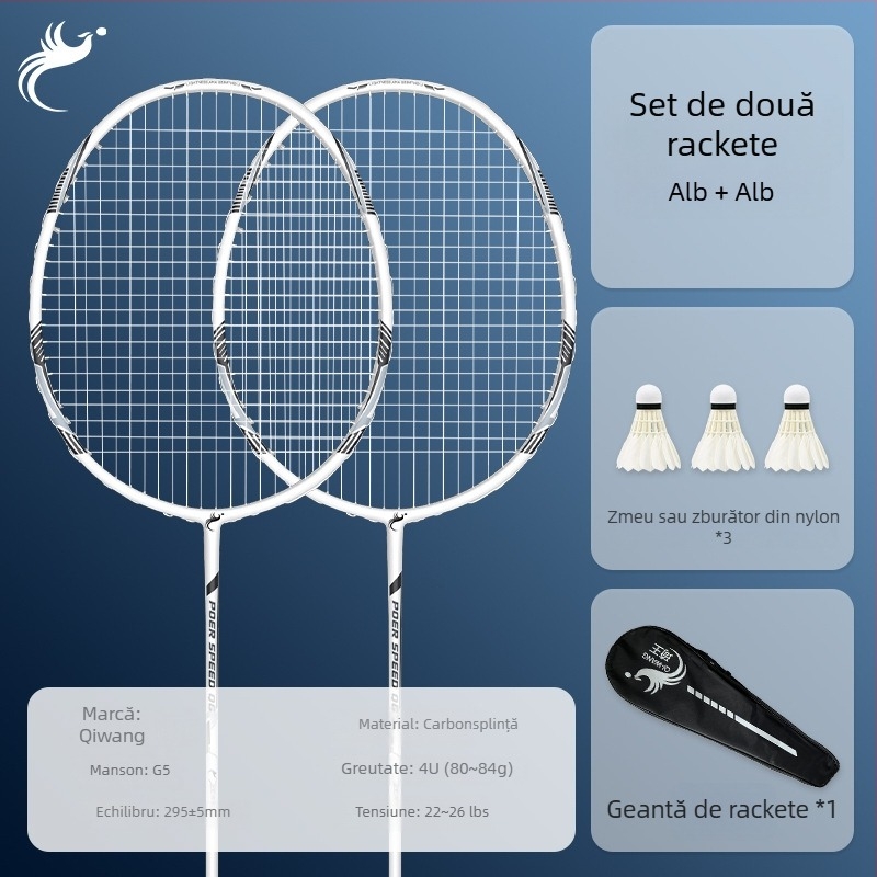 Rachetă de badminton cu ramă din carbon complet, lamă ofensivă echilibrată, greutate 80–84 g, grosime mâner G5, rigiditate tijă moderată