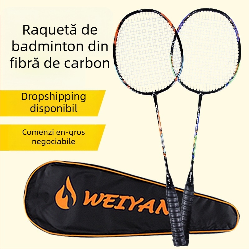 Rachetă de badminton – cadru din carbon, greutate 90–94 g, pachet de 2 rachete, tijă dreaptă, pentru începători și avansați