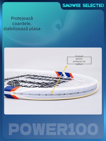 Rachetă de tenis cu ramă din fibră de carbon, șnururi din nailon, greutate 95–100 g, foarte dură, lovitură directă