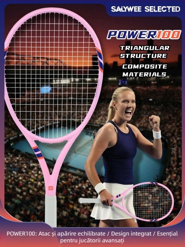 Rachetă de tenis cu ramă din fibră de carbon, șnururi din nailon, greutate 95–100 g, foarte dură, lovitură directă