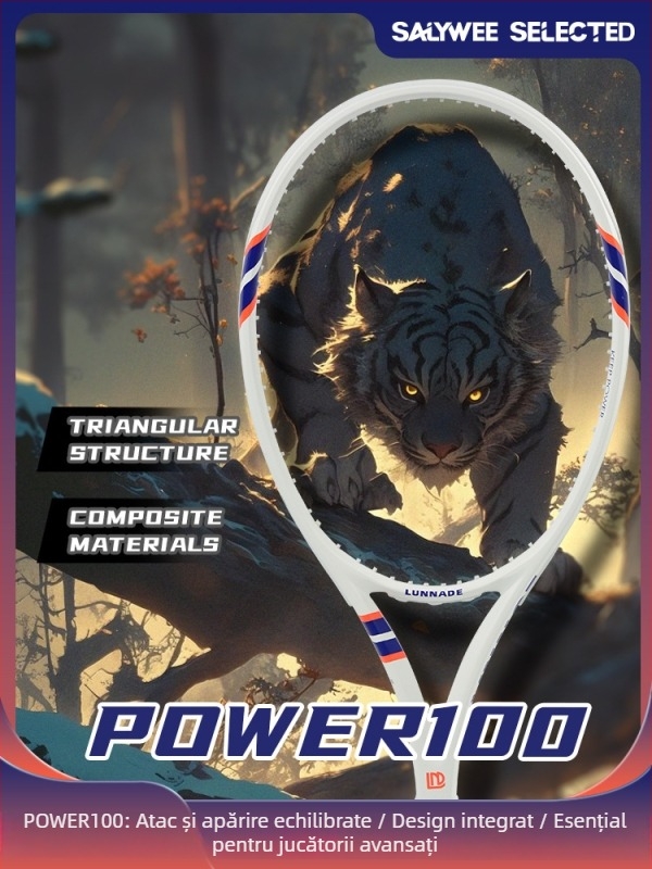 Rachetă de tenis cu ramă din fibră de carbon, șnururi din nailon, greutate 95–100 g, foarte dură, lovitură directă