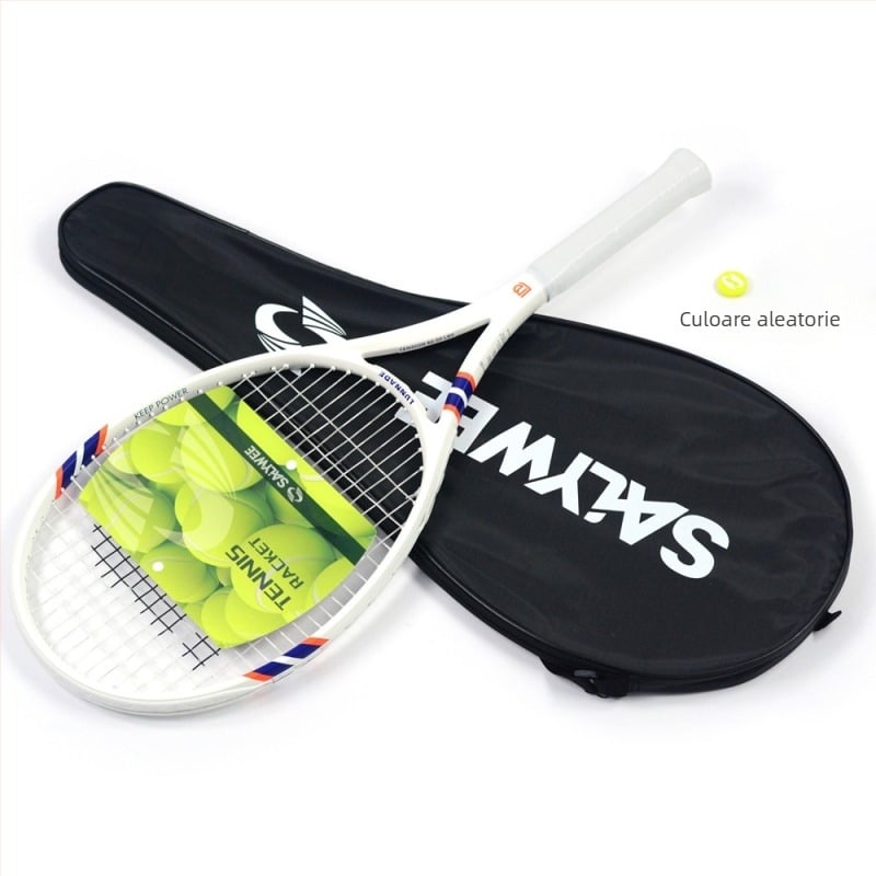 Rachetă de tenis cu ramă din fibră de carbon, șnururi din nailon, greutate 95–100 g, foarte dură, lovitură directă