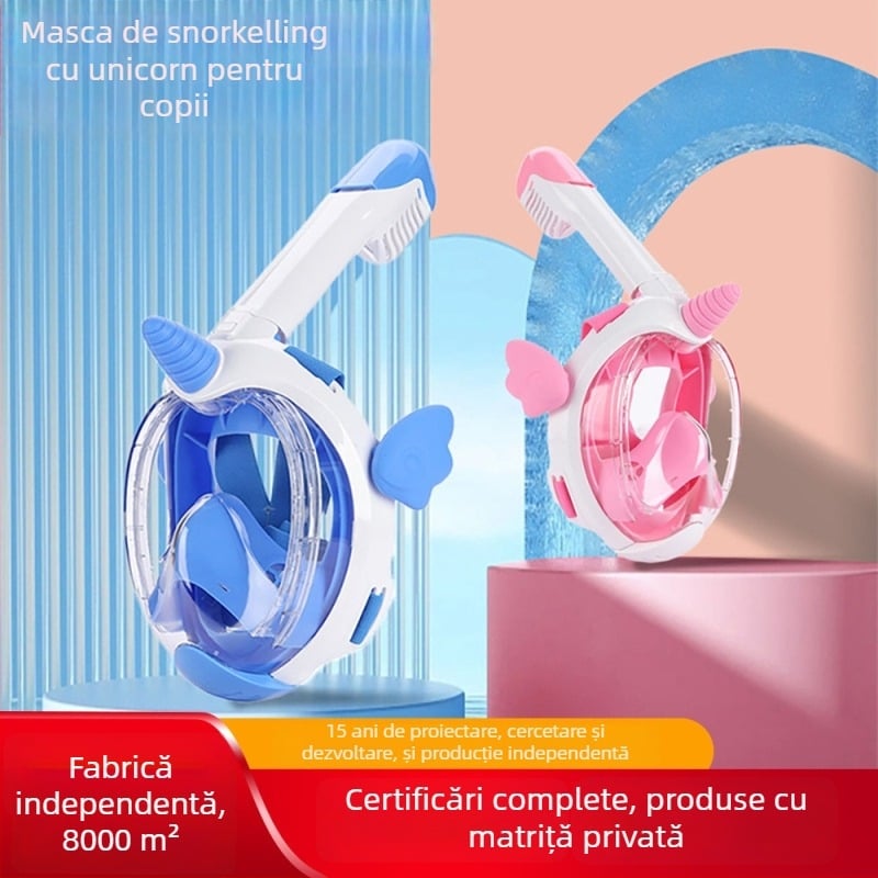 Masca de scufundări pentru copii, design unicorn, etanșare complet uscată, antifog și impermeabilă, materiale: PP și silicon