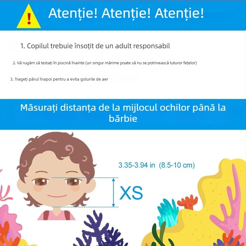 Masca de scufundări pentru copii, design unicorn, etanșare complet uscată, antifog și impermeabilă, materiale: PP și silicon