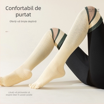 Șosete până la genunchi pentru femei, cu degete separate, puncte antiderapante, în dungi, pentru Pilates și yoga