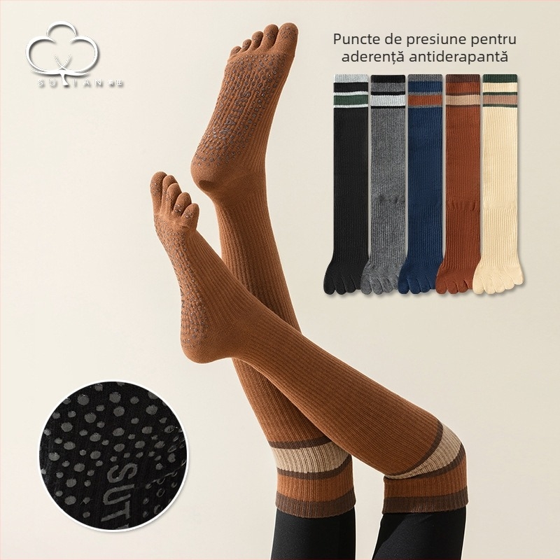 Șosete până la genunchi pentru femei, cu degete separate, puncte antiderapante, în dungi, pentru Pilates și yoga