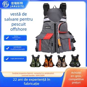 Jiarest Vestă de pescuit outdoor cu vestă de salvare detașabilă, Nylon Oxford, umplutură din bumbac perlat, 5 buzunare