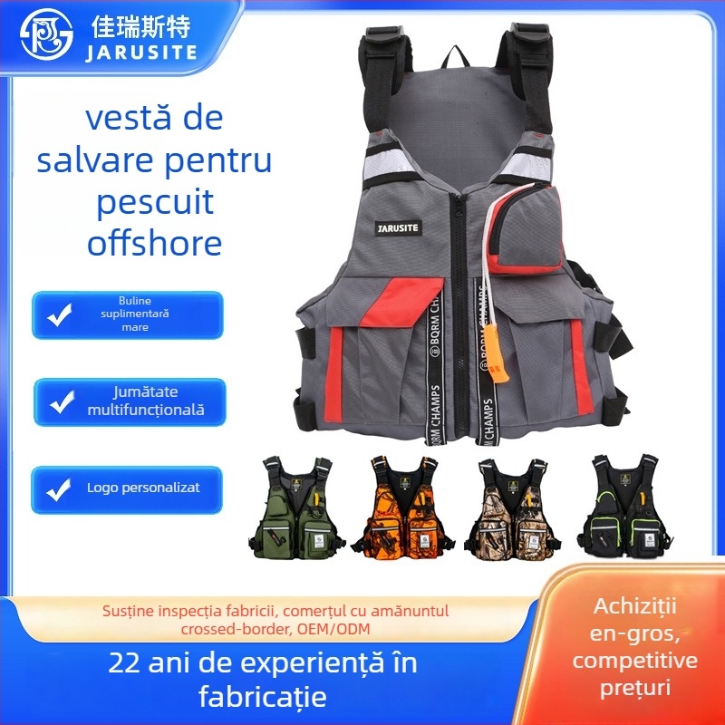Jiarest Vestă de pescuit outdoor cu vestă de salvare detașabilă, Nylon Oxford, umplutură din bumbac perlat, 5 buzunare