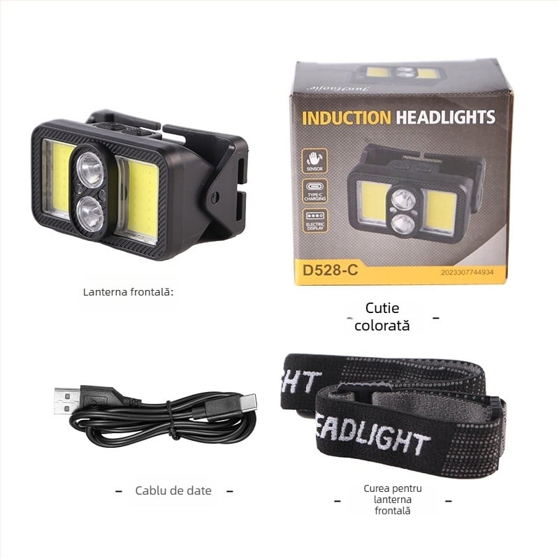 Frontala de cap pentru exterior cu COB LED, 8W, baterie 18650 1200mAh, reîncărcabilă, impermeabilă, rază până la 50 m