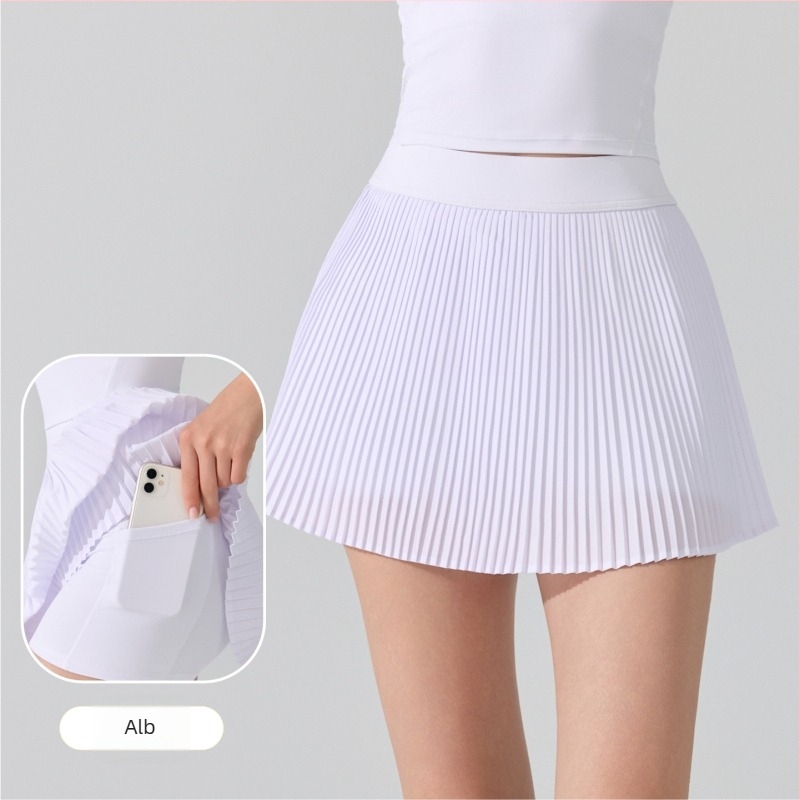 Fustă sport pentru femei, talie înaltă, plisată, cu shorturi integrate anti-expunere, din poliester, căptușeală antibacteriană 5A