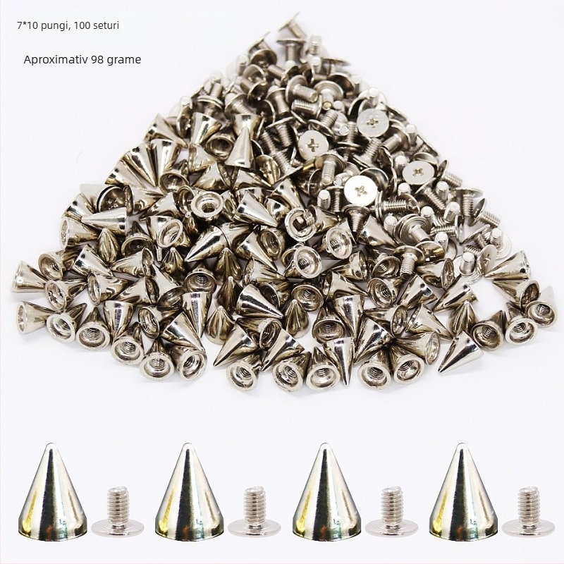 Rivet cu vârf, cap conic de tip glonț, bază filetată din aliaj, pentru paltoane, pantofi, pălării, curele și genți