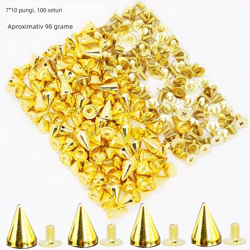 Rivet cu vârf, cap conic de tip glonț, bază filetată din aliaj, pentru paltoane, pantofi, pălării, curele și genți