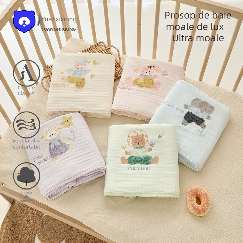 Prosop de baie pentru bebeluți din tifon, șase straturi, extrem de moale; 200–300 g, 40 fire, broderie și tiv, personalizabil