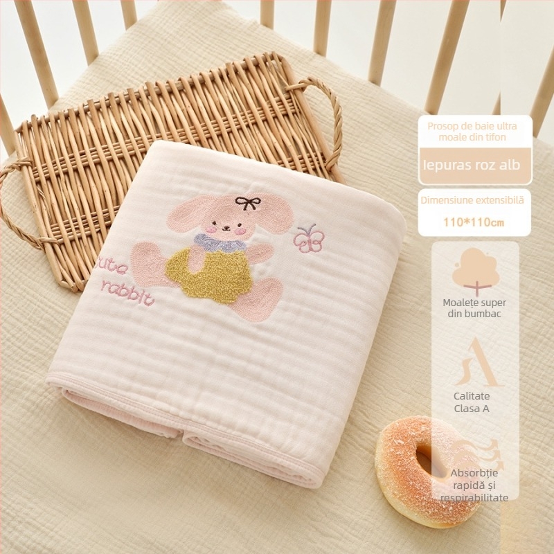Prosop de baie pentru bebeluți din tifon, șase straturi, extrem de moale; 200–300 g, 40 fire, broderie și tiv, personalizabil
