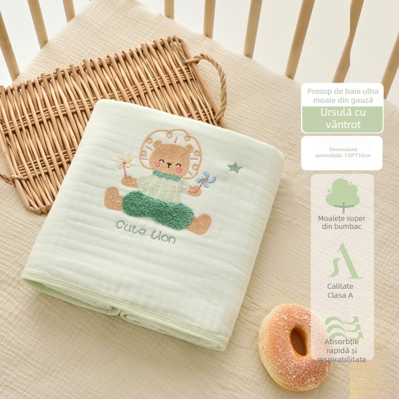 Prosop de baie pentru bebeluți din tifon, șase straturi, extrem de moale; 200–300 g, 40 fire, broderie și tiv, personalizabil