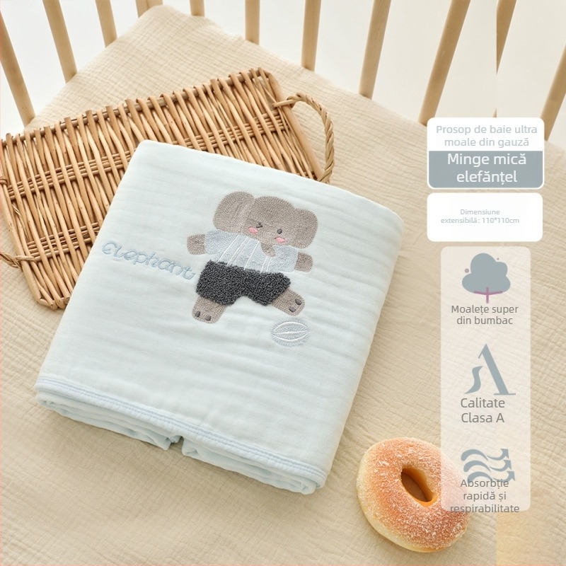 Prosop de baie pentru bebeluți din tifon, șase straturi, extrem de moale; 200–300 g, 40 fire, broderie și tiv, personalizabil