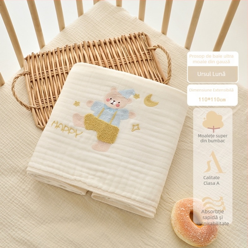 Prosop de baie pentru bebeluți din tifon, șase straturi, extrem de moale; 200–300 g, 40 fire, broderie și tiv, personalizabil