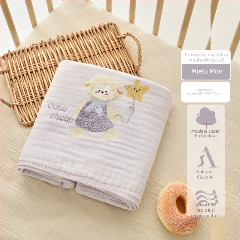 Prosop de baie pentru bebeluți din tifon, șase straturi, extrem de moale; 200–300 g, 40 fire, broderie și tiv, personalizabil