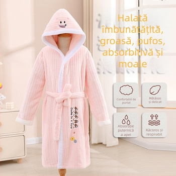 Halat de baie pentru copii din coral fleece, lung și gros, absorbant, cu imprimare desen animat; material: coral fleece; greutate: 400–500 g; fire: 32; proces: imprimare