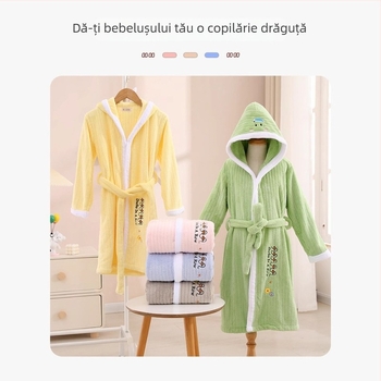 Halat de baie pentru copii din coral fleece, lung și gros, absorbant, cu imprimare desen animat; material: coral fleece; greutate: 400–500 g; fire: 32; proces: imprimare