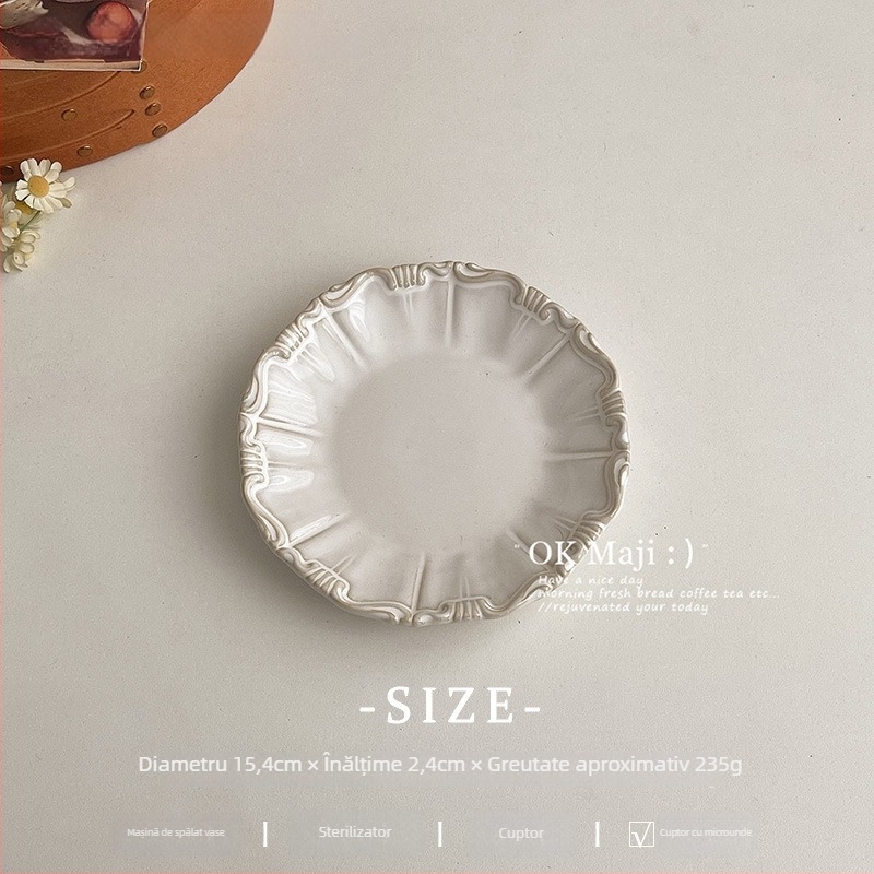 Farfurie de supă din porțelan, adâncă, cu margine dantelată și model în dungi, glazură la cuptor, veselă modernă minimalistă