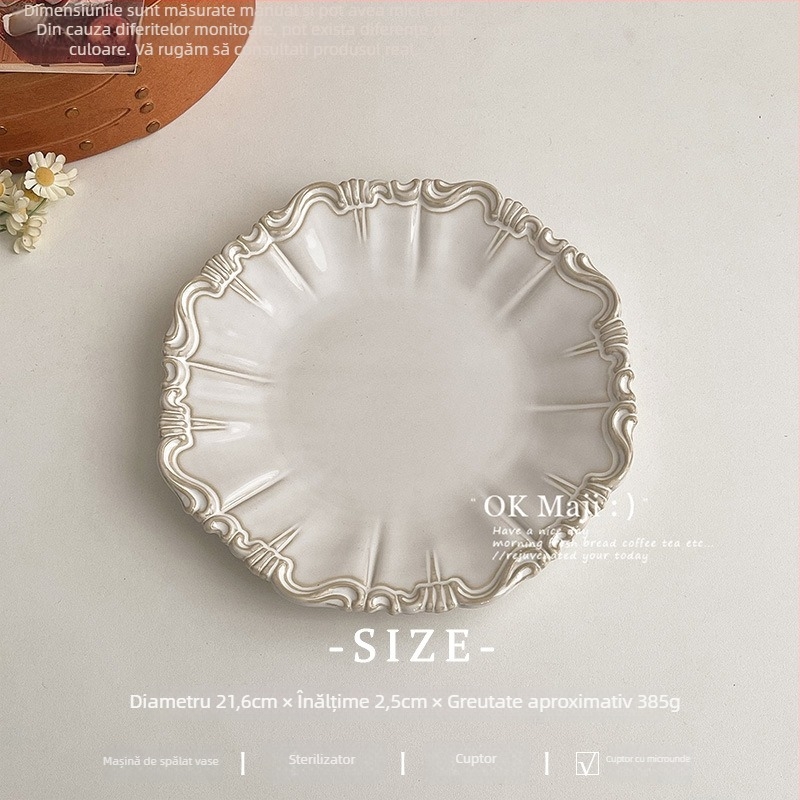 Farfurie de supă din porțelan, adâncă, cu margine dantelată și model în dungi, glazură la cuptor, veselă modernă minimalistă